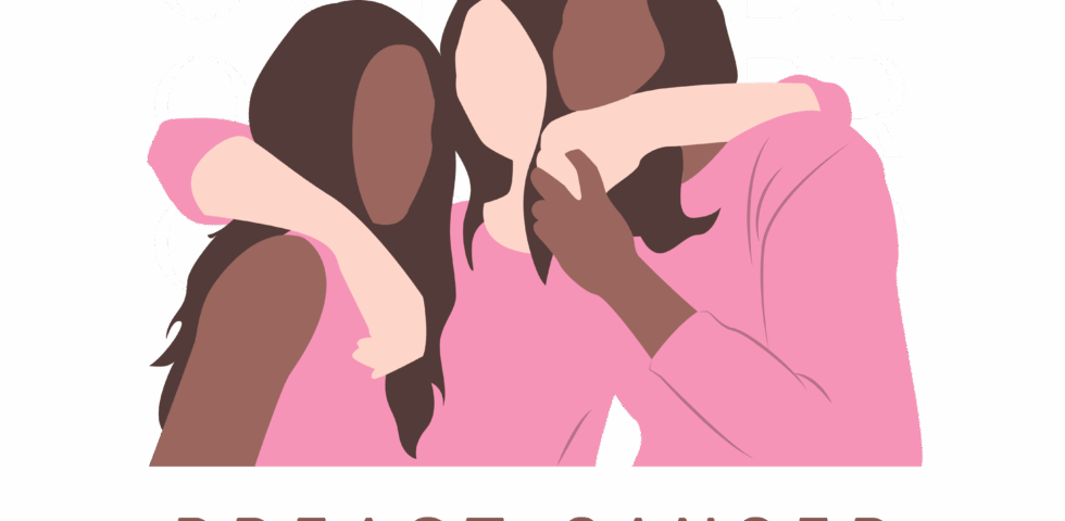 Illustration of three women in pink embracing for breast cancer awareness