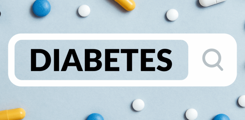 Search bar with the word diabetes surrounded by scattered pills on blue background