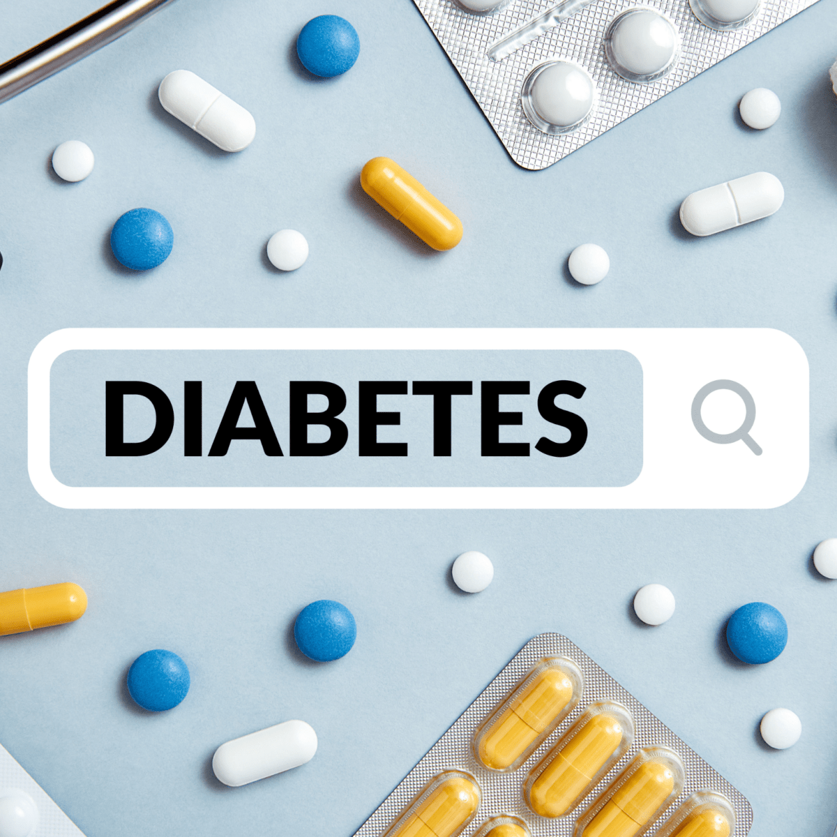 Search bar with the word diabetes surrounded by scattered pills on blue background