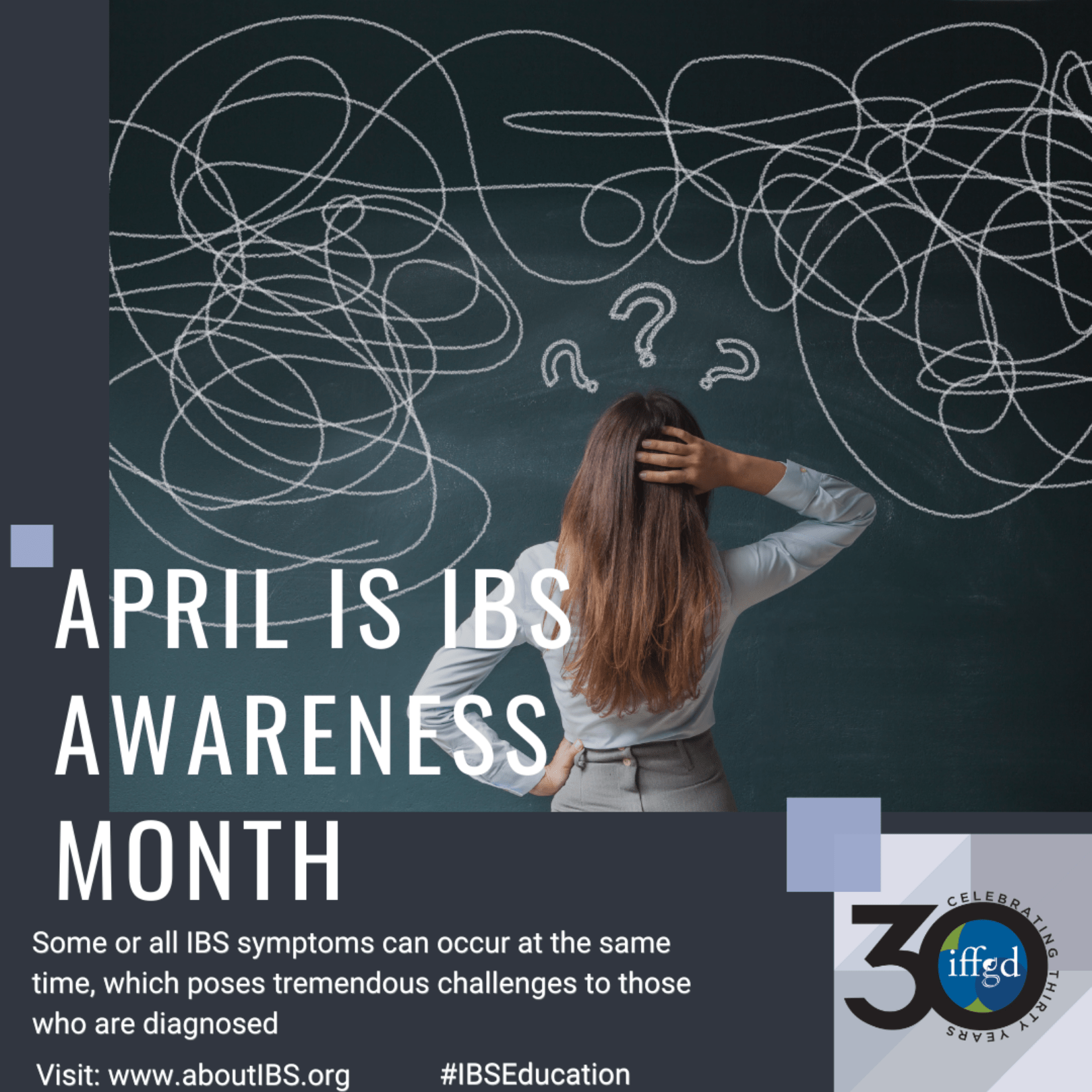Woman facing chalkboard with scribbles and question marks, with text “April is IBS Awareness