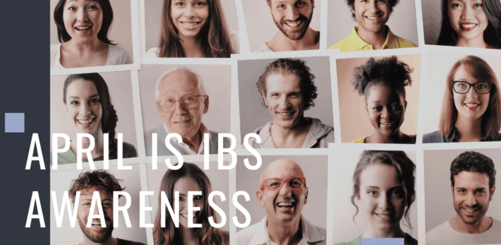 Collage of smiling people with text “April is IBS Awareness