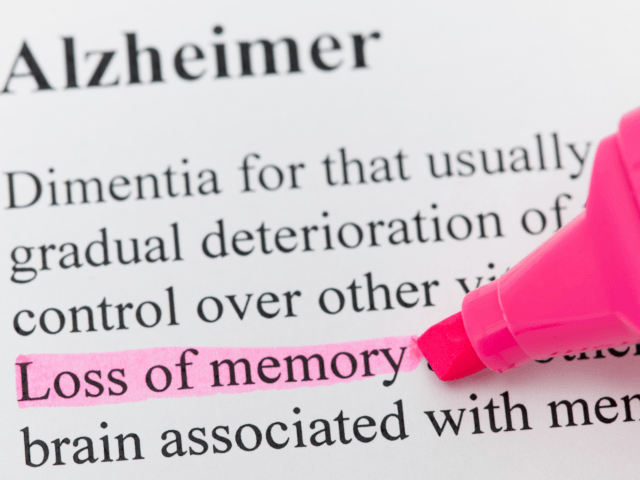 Alzheimer’s text with phrase loss of memory highlighted in pink