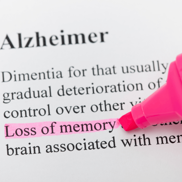 Alzheimer’s text with phrase loss of memory highlighted in pink