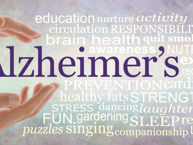 Word cloud with Alzheimer’s highlighted among health and prevention terms
