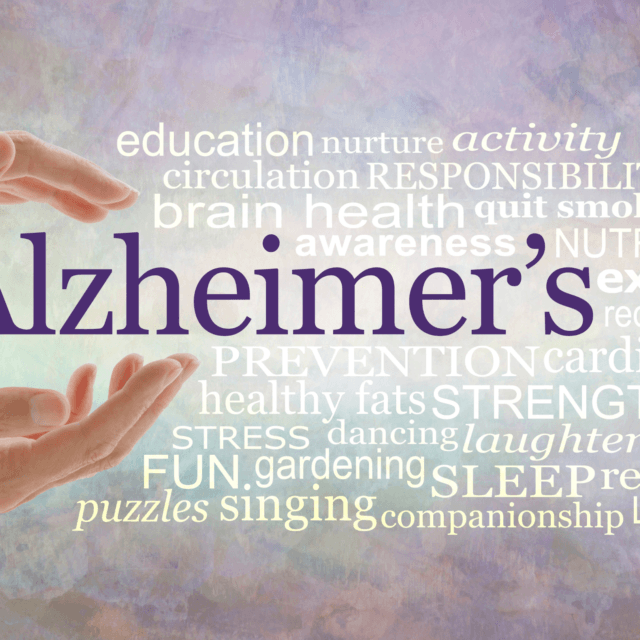 Word cloud with Alzheimer’s highlighted among health and prevention terms