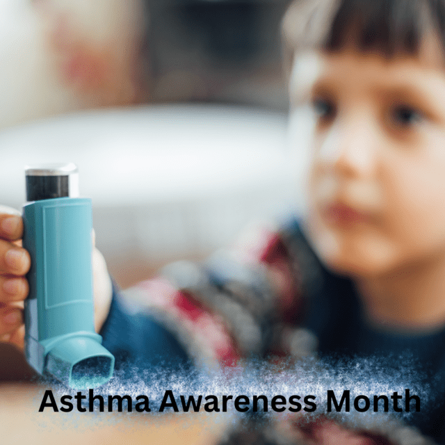 Child holding asthma inhaler for Asthma Awareness Month