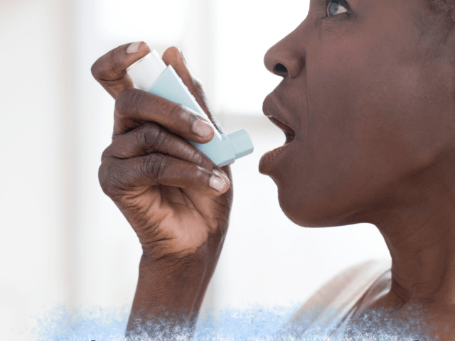 Older adult using an asthma inhaler for Asthma Awareness Month