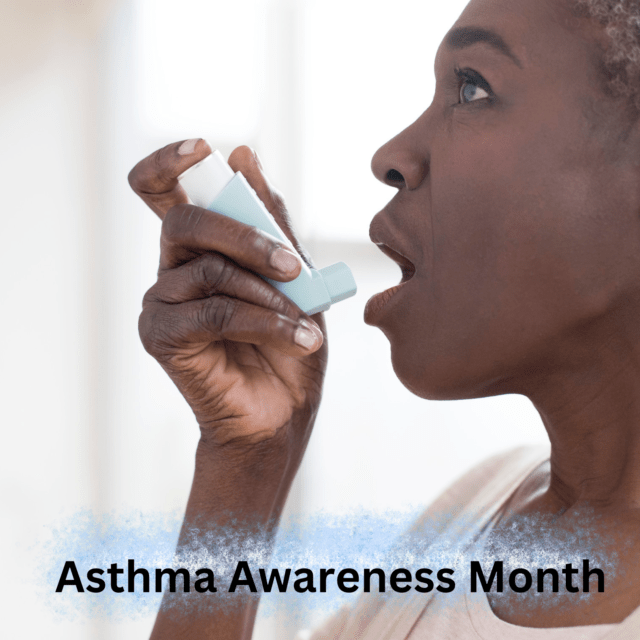 Older adult using an asthma inhaler for Asthma Awareness Month